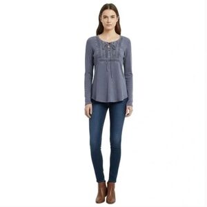 Grey Lucky Brand Crochet Yoke and Lace Up Long Sleeve Thermal Top